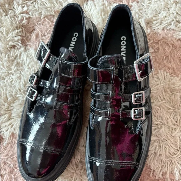 Converse Black Patent Triple-Buckle Platform Loafers - Picture 7 of 11
